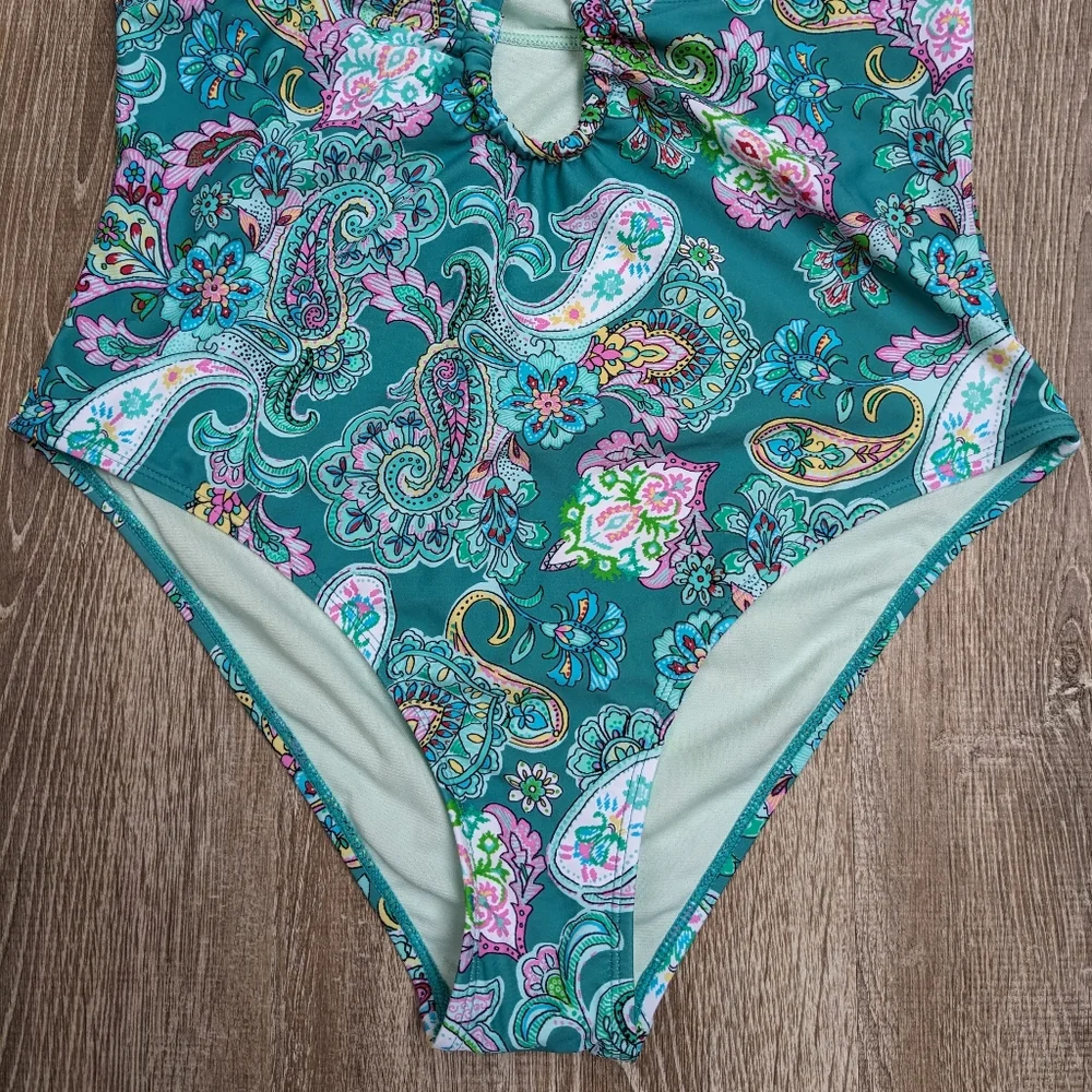 NWT Cupshe Blue Paisley Cut Out Halter Top One Piece Swimsuit Size Large